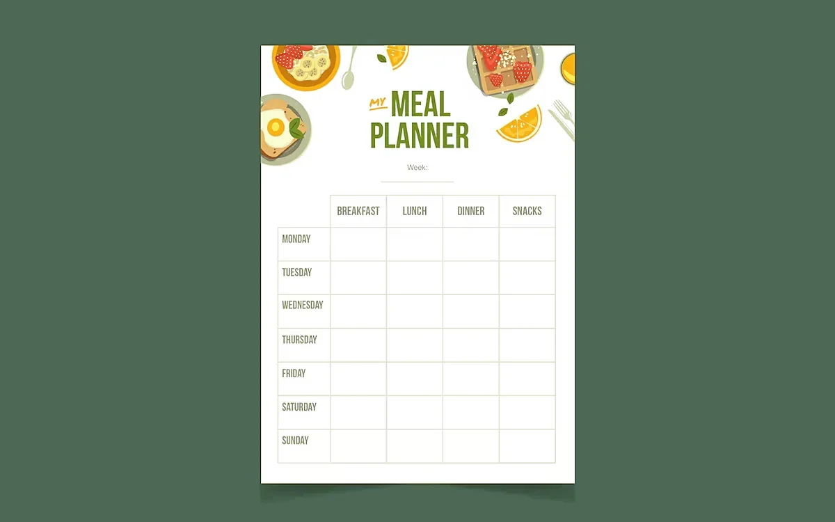 A meal planner for breakfast, lunch, dinner and snacks